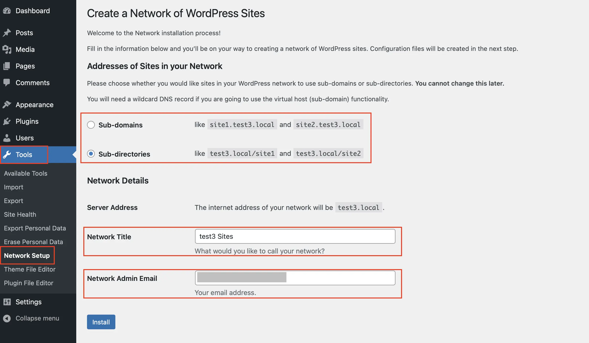 WordPress Network Setup screen during a multisite installation