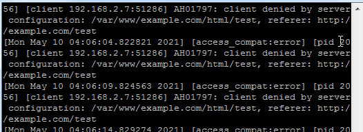 Apache error log showing AH01797 client denied by server configuration